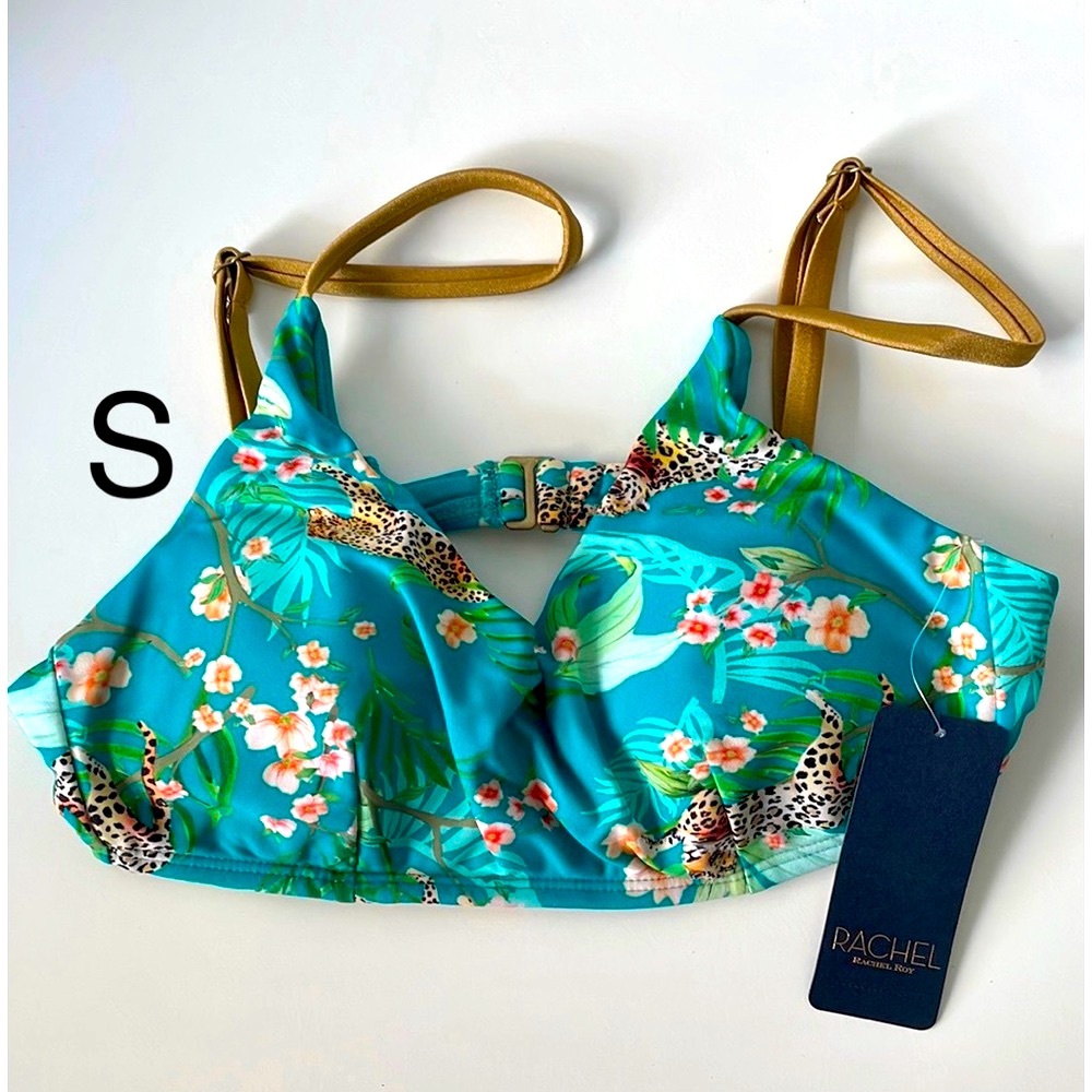 NWT green safari RACHEL ROY teal blue jungle tropics bikini top gold straps pads